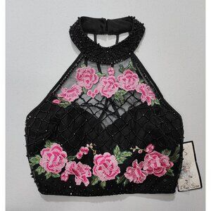 Bee Darlin Women's Black Floral Embroidered Adorned Crop Top Size 9/10